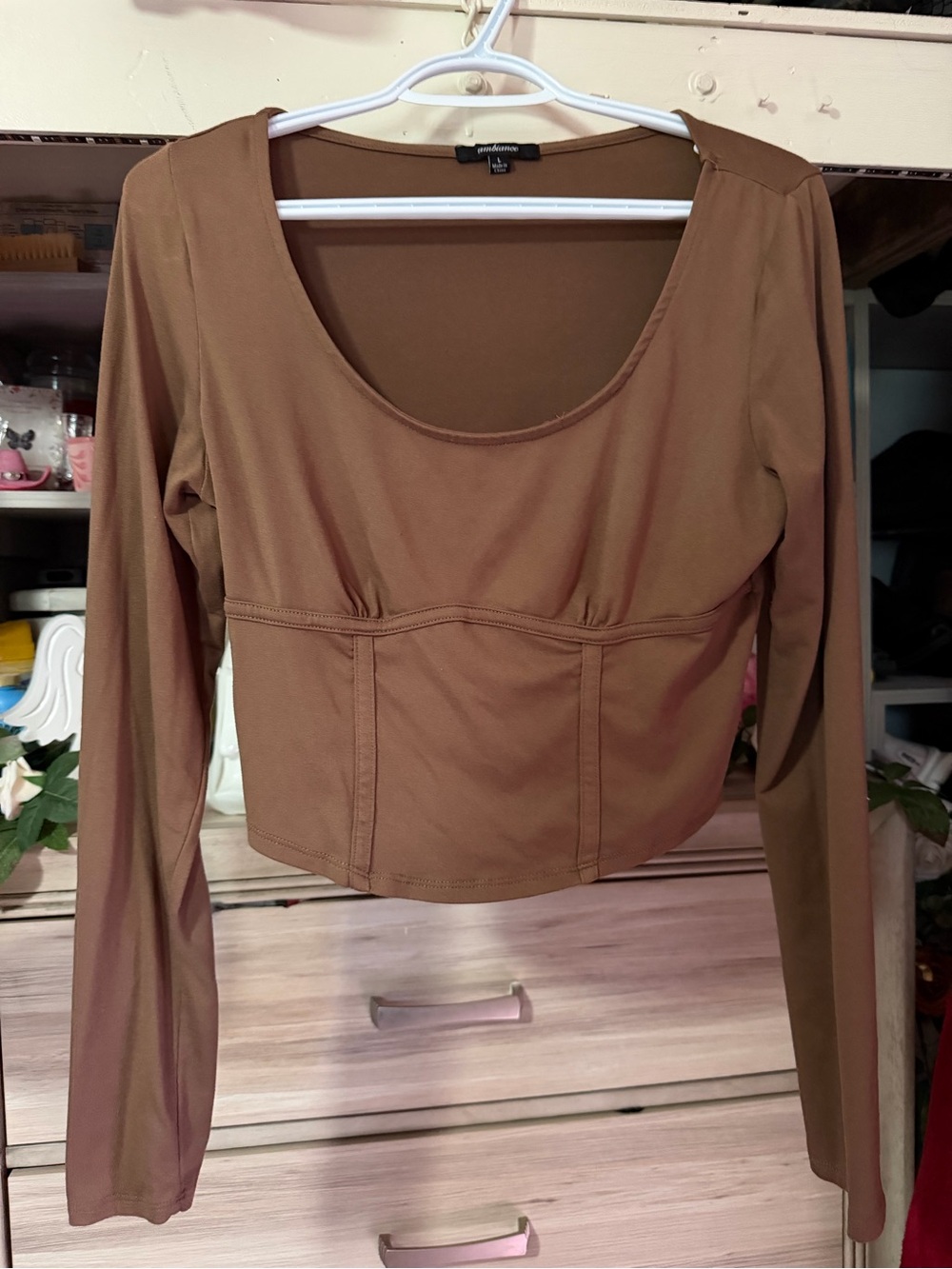 Ambiance Brown Long-Sleeve Scoop Neck Crop Top- Large